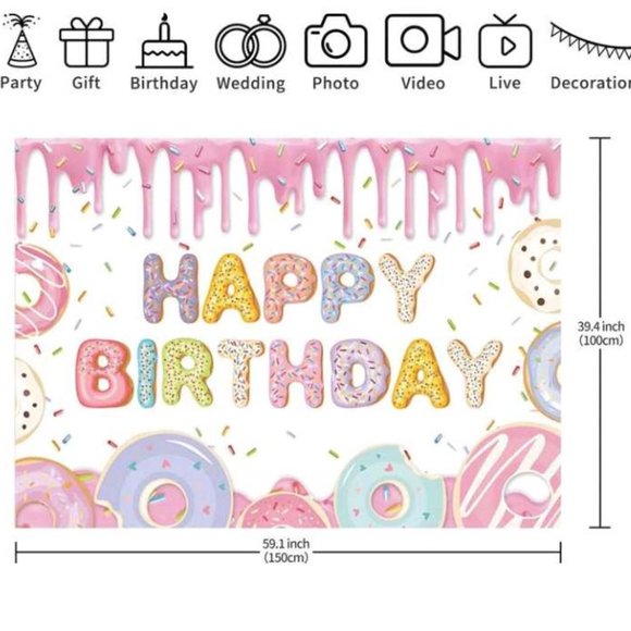 1pc Donuts Pattern Decoration Party Supplies Pink Happy Birthday - Picture 1 of 3